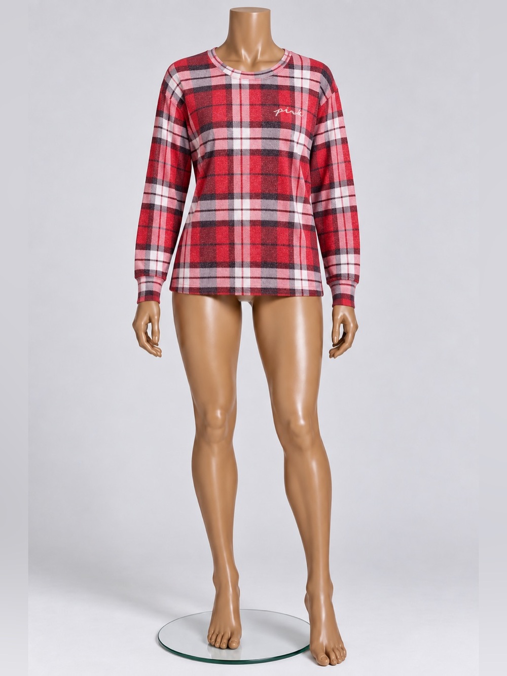 PINK Victoria's Secret Red & Pink Plaid Long-Sleeve Sleep Top